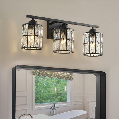 3-Light Industrial Black Crystal Vanity Light Fixture
