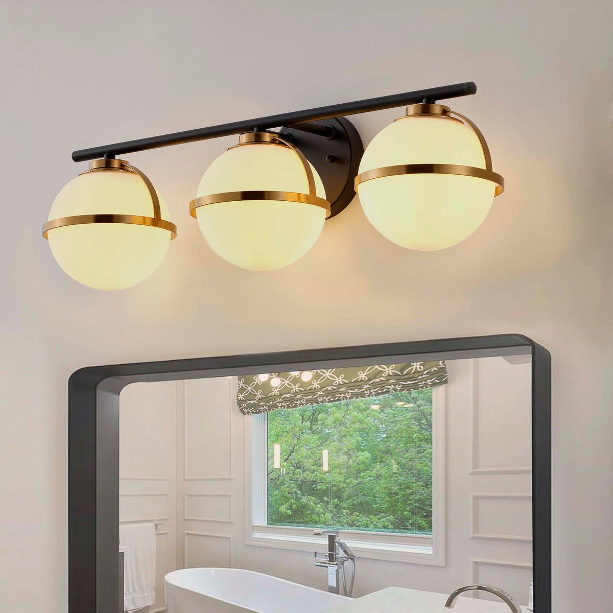 Modern Minimalist Vanity Light Dewdrop Black And Gold Globe Frosted Glass For Bathroom
