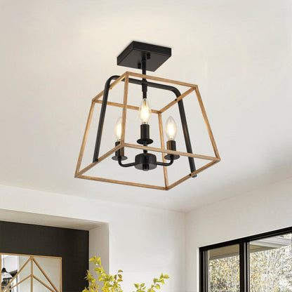 3-Light Industrial Semi Flush Mount Square Lantern Ceiling Light Brass
