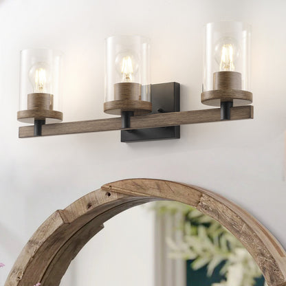 3-Lights Pine Wood Grain Color Frame with Clear Glass Shade Bathroom Vanity Lighting