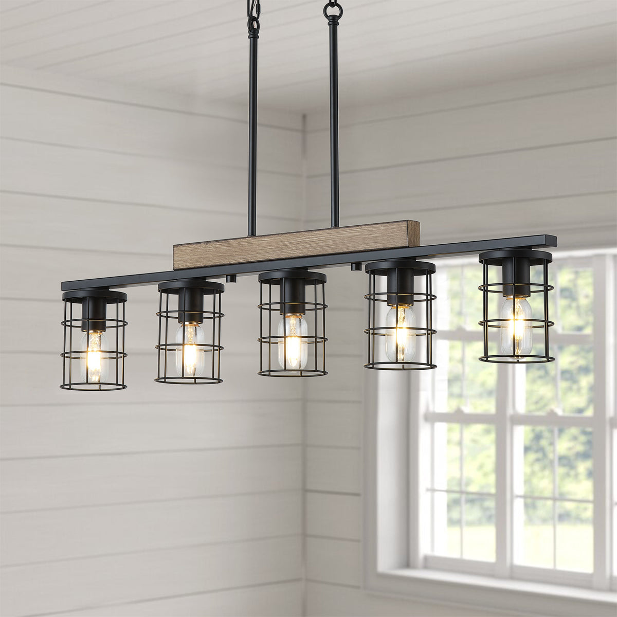 5‑Light Industrial Farmhouse Black Faux Wood  Pendant Light