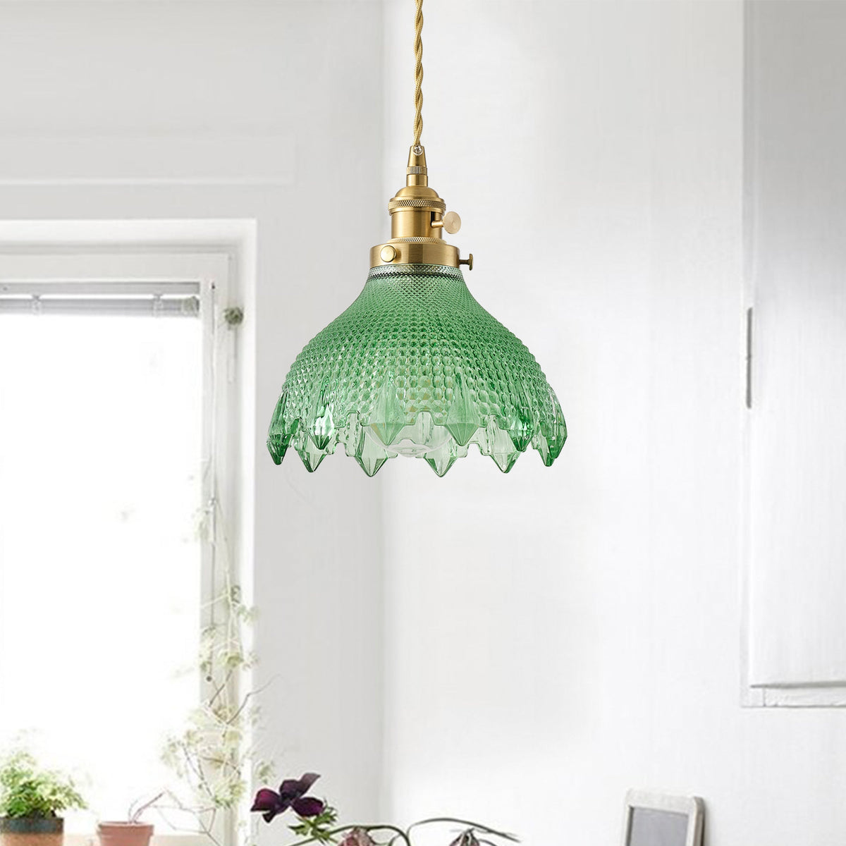 1-Light Vintage Style Pendant Light Dewdrop Deep Green Glass Hanging Lamp