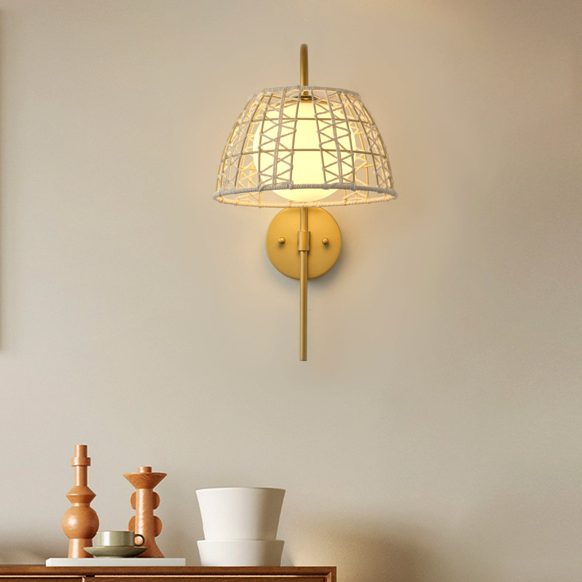 1-Light Boho Wall Sconce Gold Iron Woven Rope Shade Frosted Globe ETL Bedroom