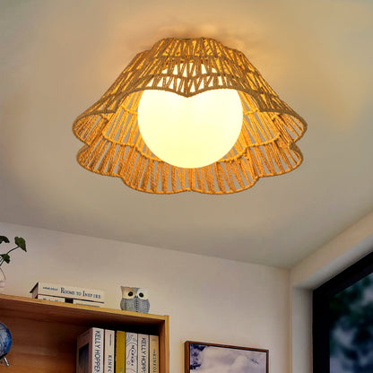1-Light Dewdrop Boho Semi Flush Mount Ceiling Light Woven Rope Shade Globe