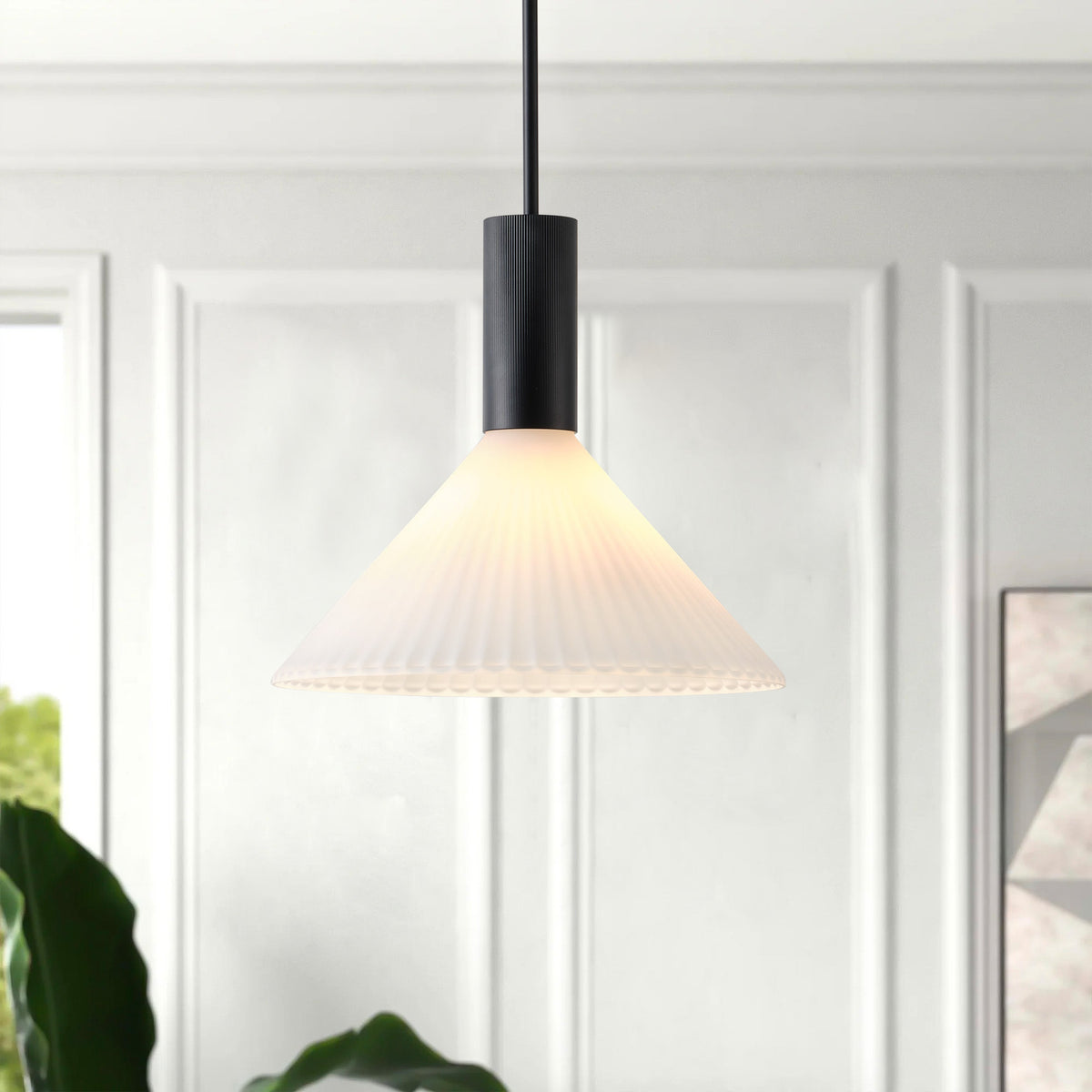1-Light  Mid Century Modern Pendant Light Trumpet Conical White Glass ETL E26