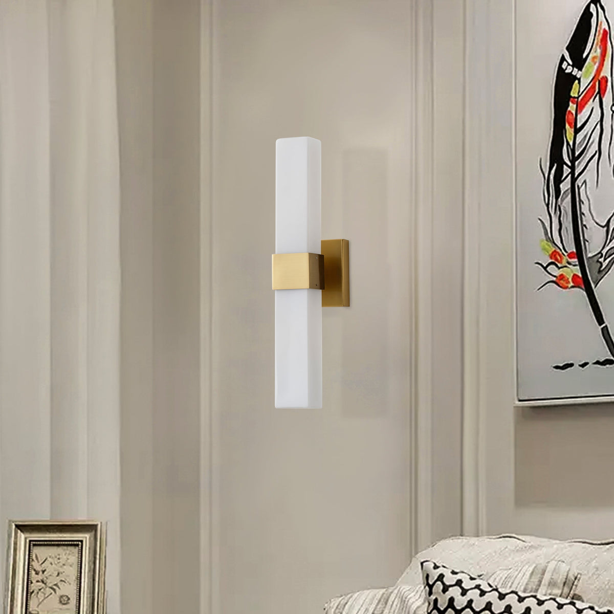 2-Light Contemporary Wall Sconce Linear Bar Brushed Brass Opal Diffuser ETL