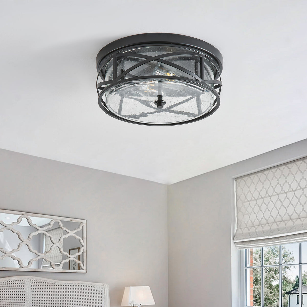 2-Lights Farmhouse Metal Cage Black Flush Mount Lighting
