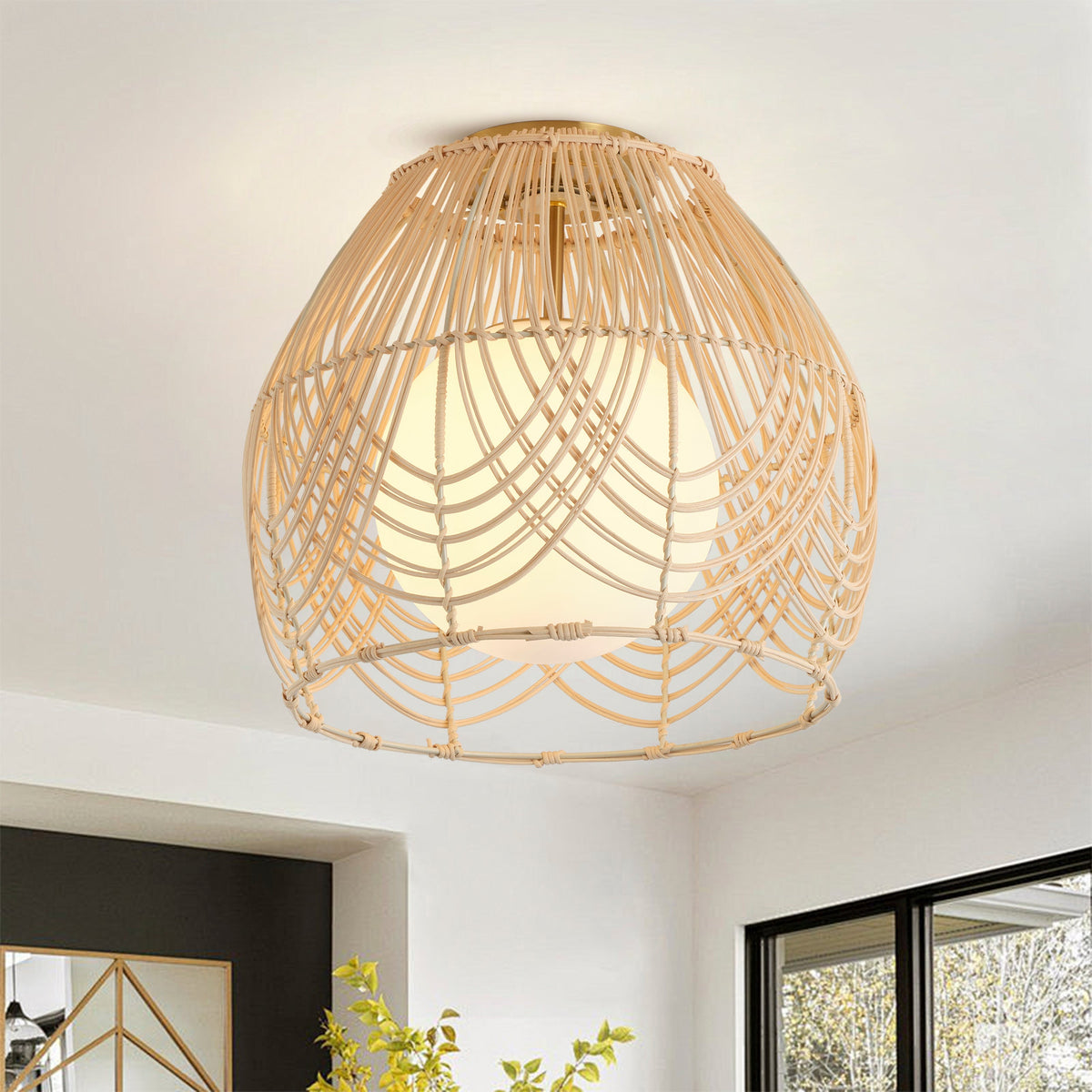 1-Light Boho Rattan Ceiling Light Woven Rattan Semi Flush Mount