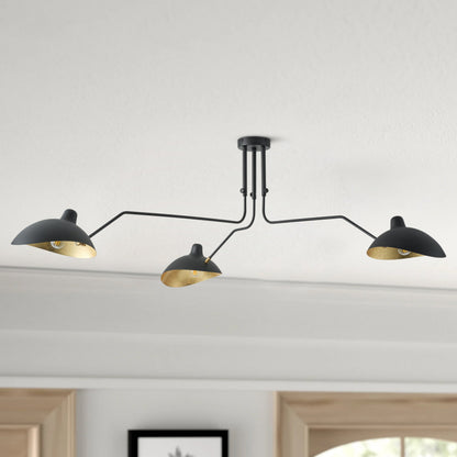 3-Lights Black Rounded Shade Semi-Flush Mount Lighting