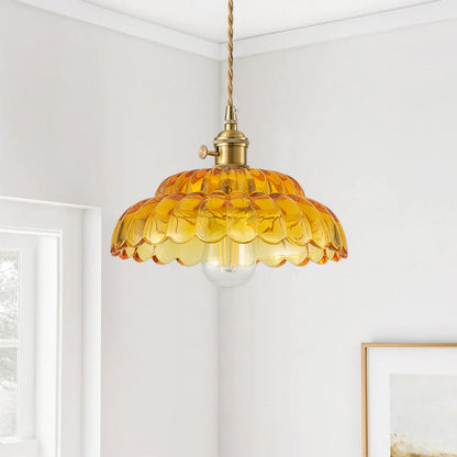 1-Light Vintage Amber Glass Pendant Light with Floral Shade
