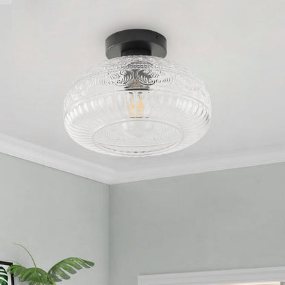 1-Light Industrial Flush Mount, Clear Patterned Glass Dome, Hallway Bedroom Ceiling Light