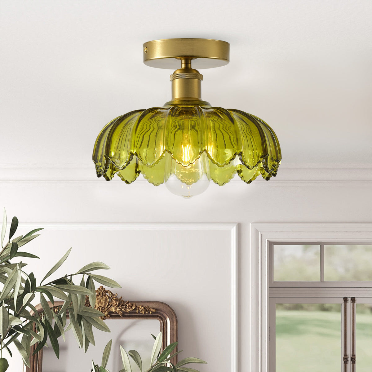 1-Light Vintage Green Glass Shade Semi Flush Mount Ceiling Light