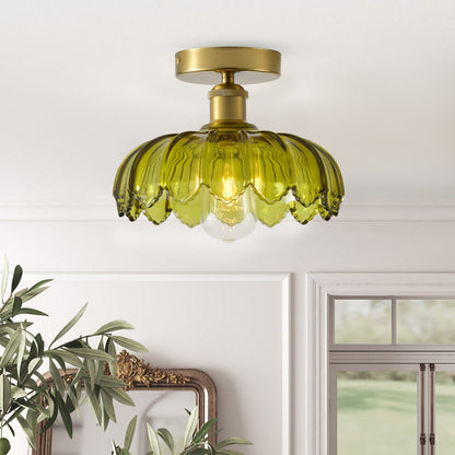 1-Light Vintage Green Glass Shade Semi Flush Mount Ceiling Light