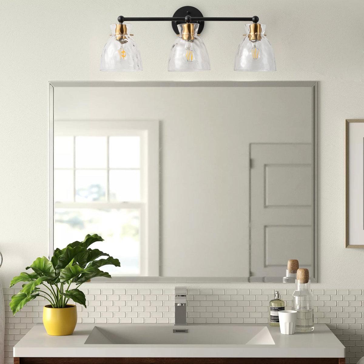 3-Light Modern Mirror Lamp Black with Brass-Textured Glass Dressing Table Lamp