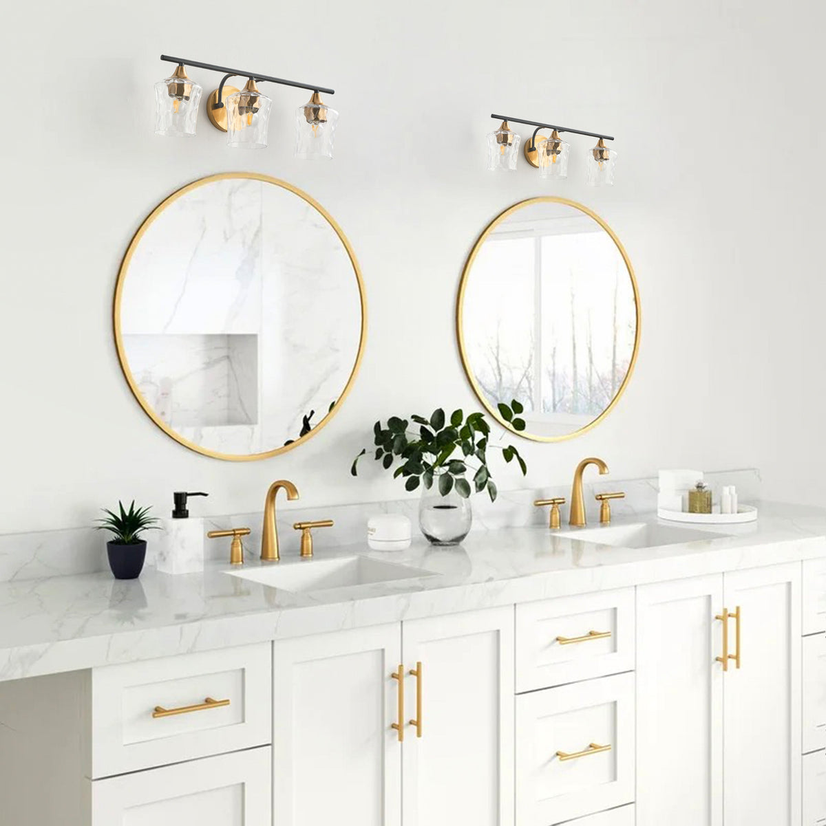 3-Lights Gold With Textured Glass Shade Bathroom Vanity Lighting