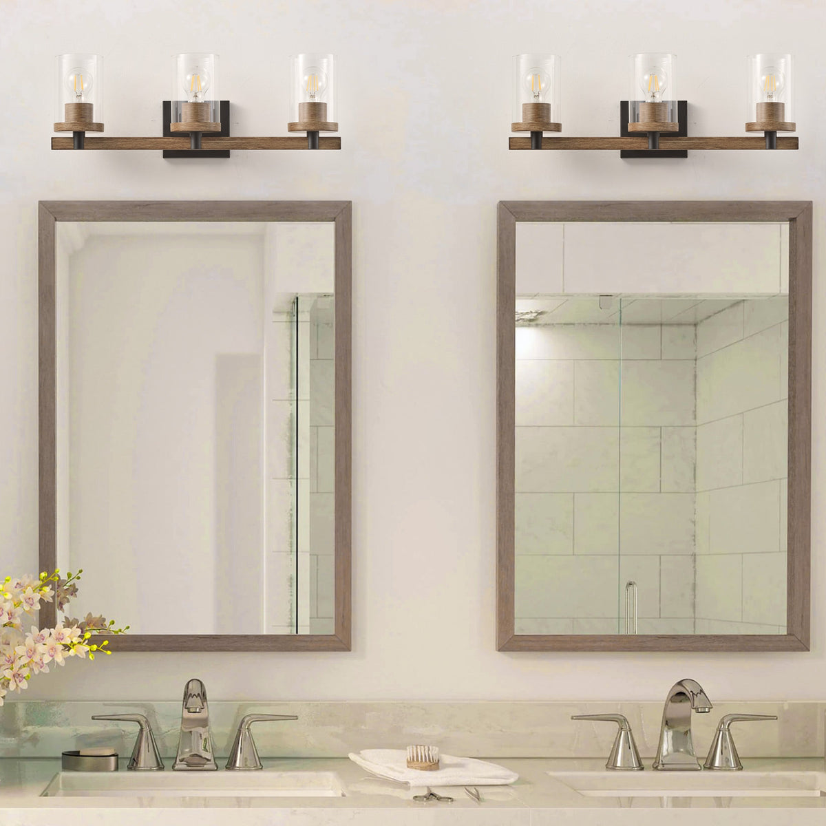 3-Lights Pine Wood Grain Color Frame with Clear Glass Shade Bathroom Vanity Lighting