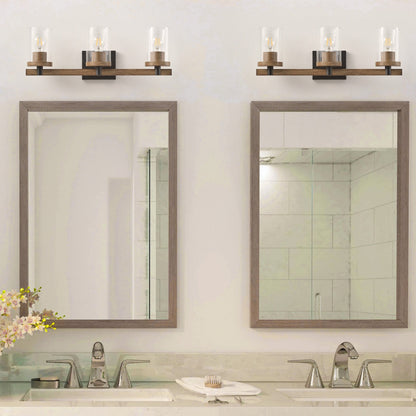 3-Lights Pine Wood Grain Color Frame with Clear Glass Shade Bathroom Vanity Lighting