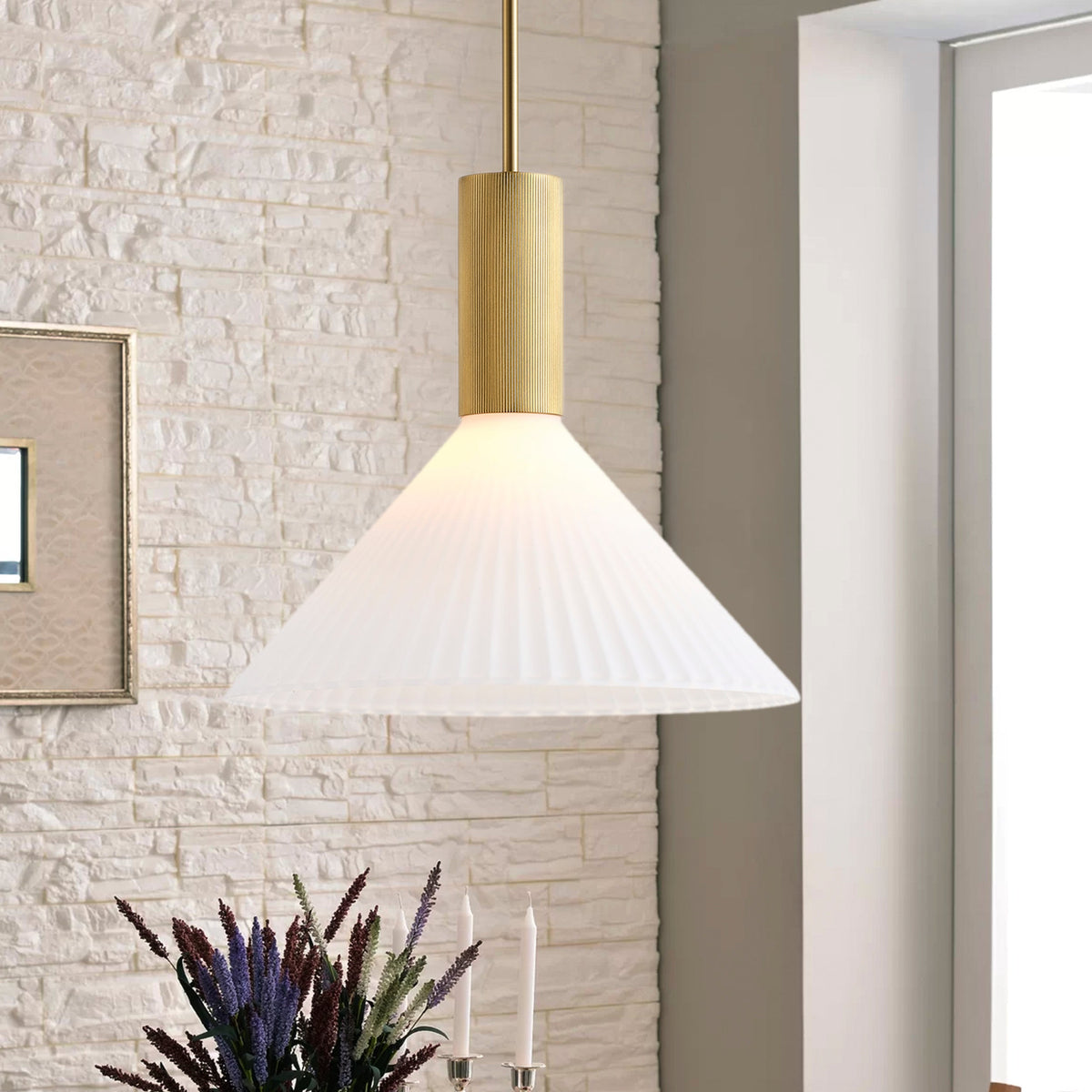 1-Light  Mid Century Modern Pendant Light Trumpet Conical White Glass ETL E26