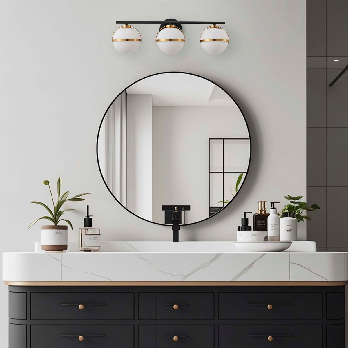Modern Minimalist Vanity Light Dewdrop Black And Gold Globe Frosted Glass For Bathroom