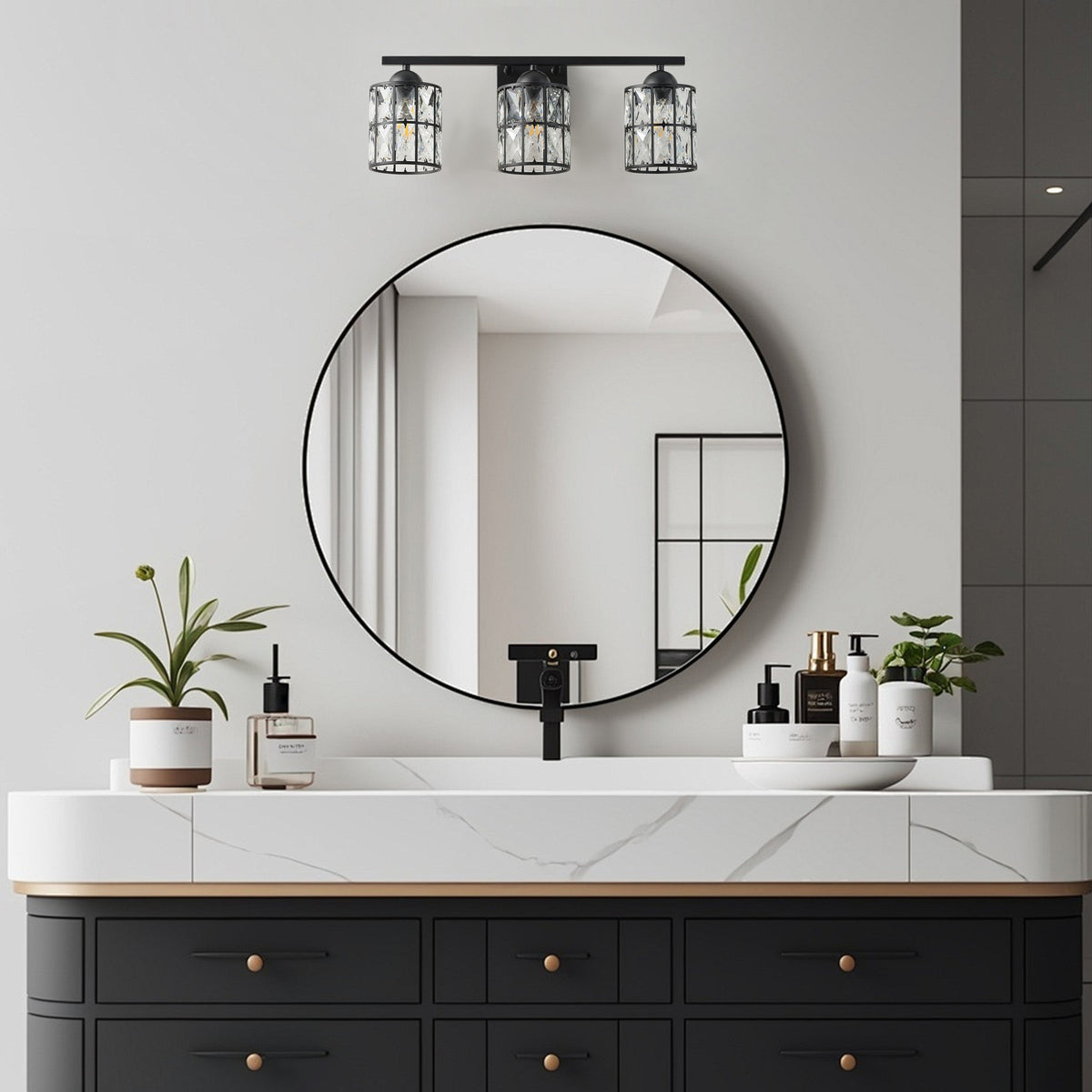 3-Light Industrial Black Crystal Vanity Light Fixture