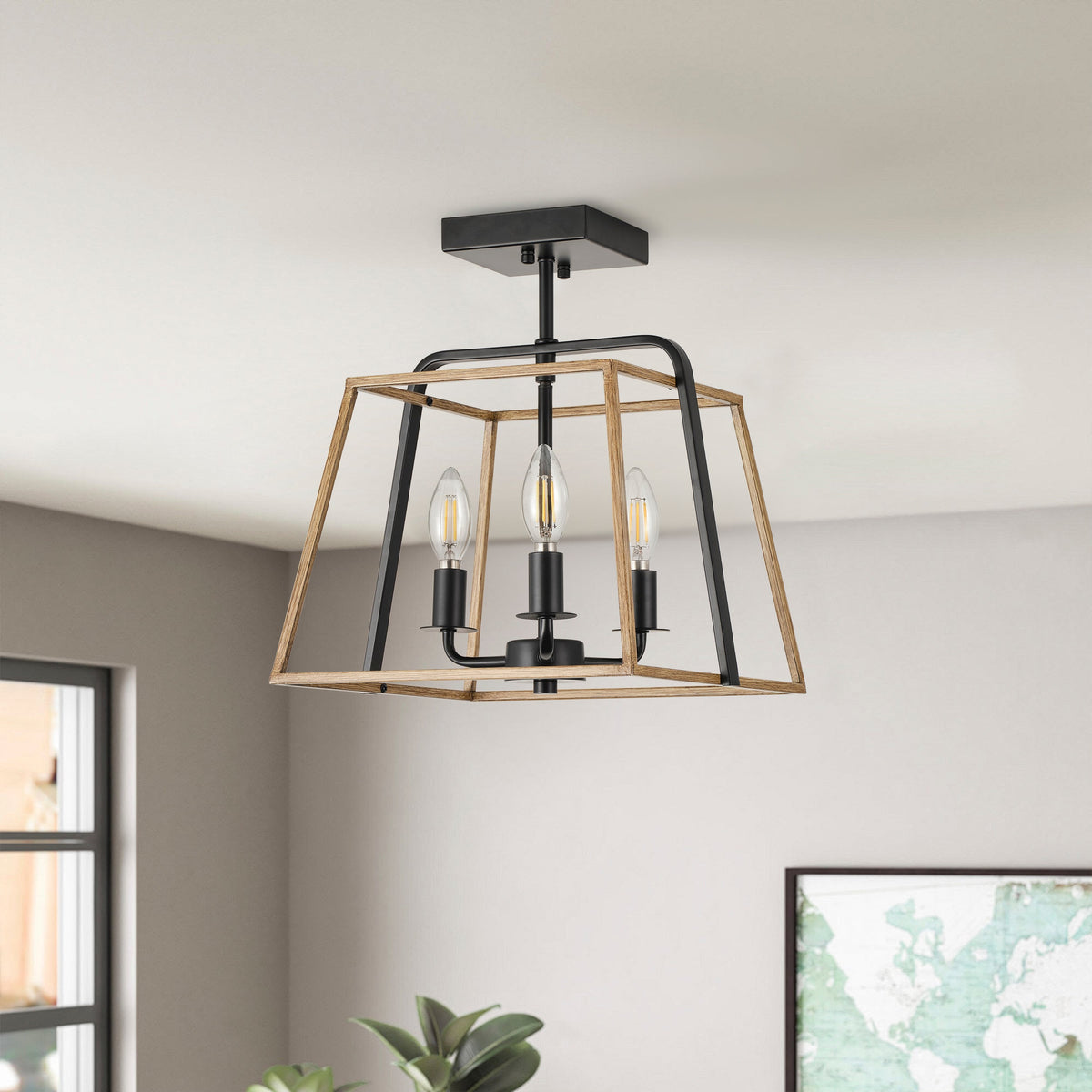 3-Light Industrial Semi Flush Mount Square Lantern Ceiling Light Brass