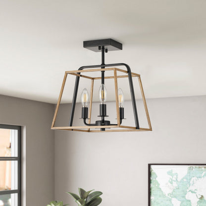 3-Light Industrial Semi Flush Mount Square Lantern Ceiling Light Brass