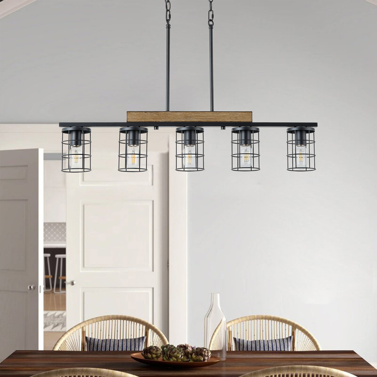 5‑Light Industrial Farmhouse Black Faux Wood  Pendant Light