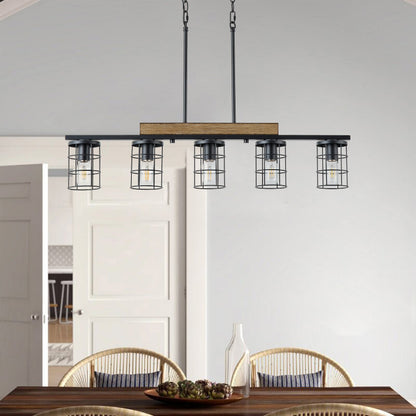 5‑Light Industrial Farmhouse Black Faux Wood  Pendant Light