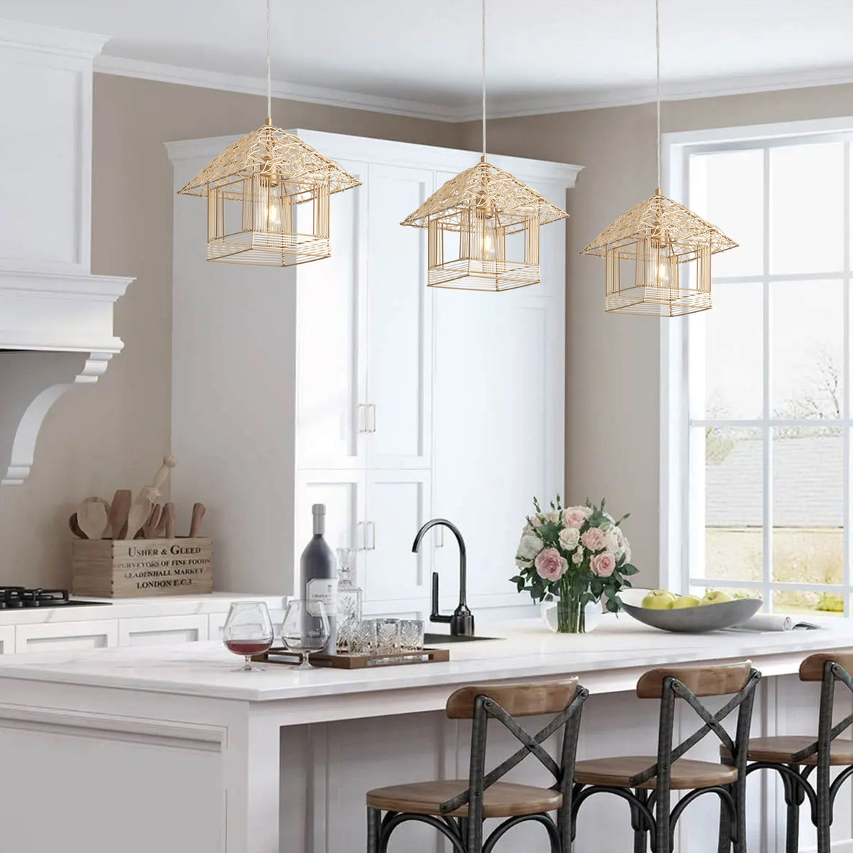 1-Light House Shape Lampshade Openwork Design Pendant Lighting