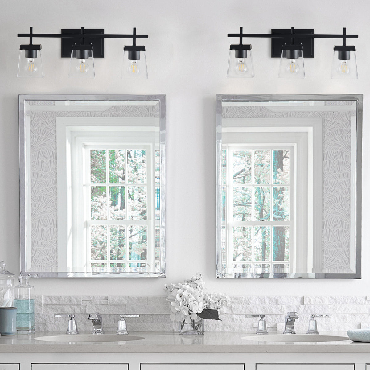 3-Light  Modern Black  Clear Glass Shade  Bathroom Vanity Light