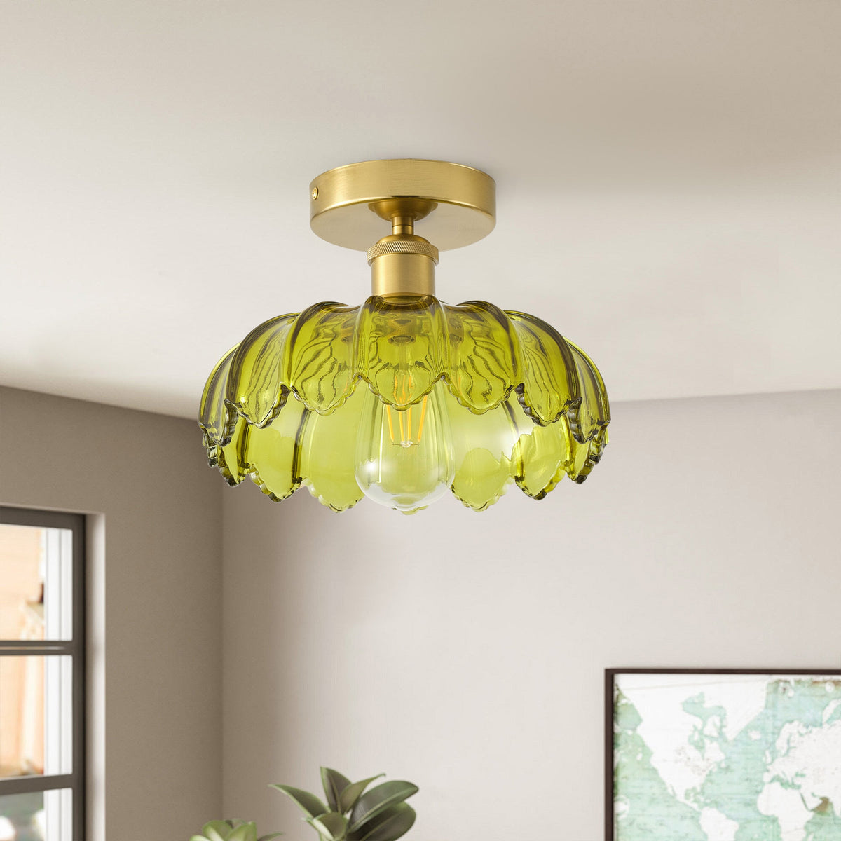 1-Light Vintage Green Glass Shade Semi Flush Mount Ceiling Light