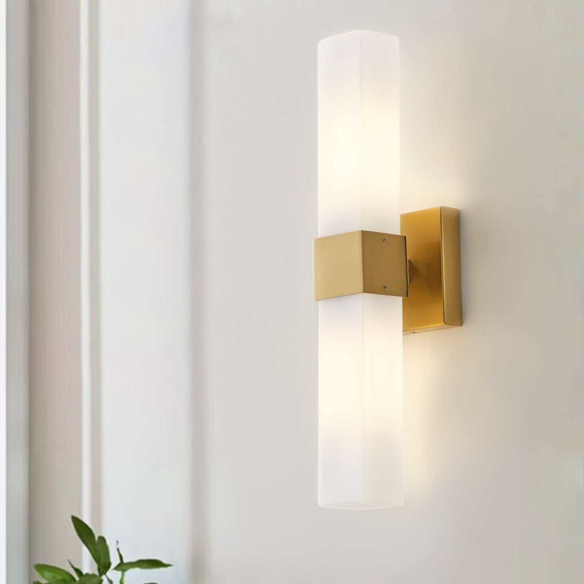 2-Light Contemporary Wall Sconce Linear Bar Brushed Brass Opal Diffuser ETL