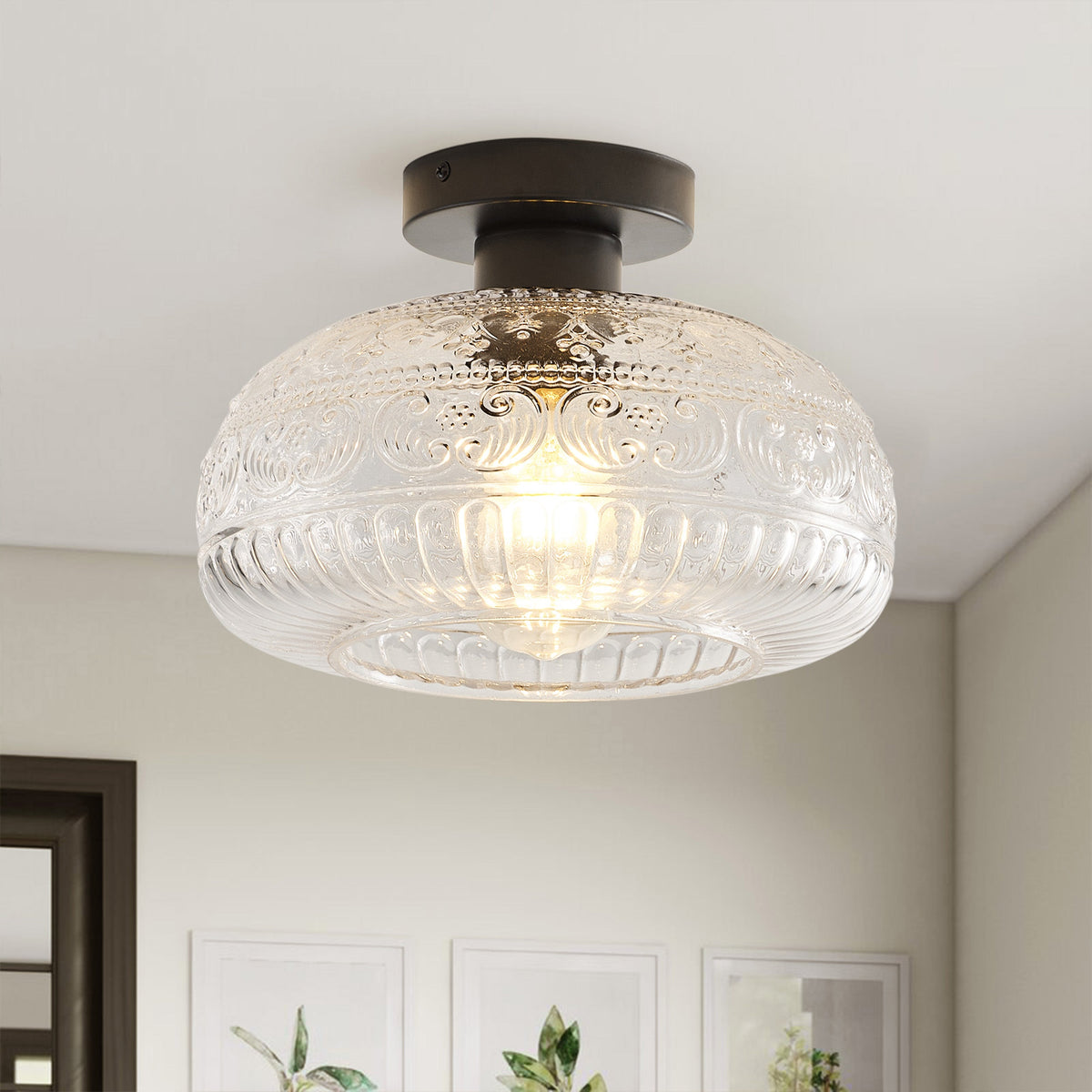 1-Light Industrial Flush Mount, Clear Patterned Glass Dome, Hallway Bedroom Ceiling Light