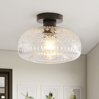 1-Light Industrial Flush Mount, Clear Patterned Glass Dome, Hallway Bedroom Ceiling Light