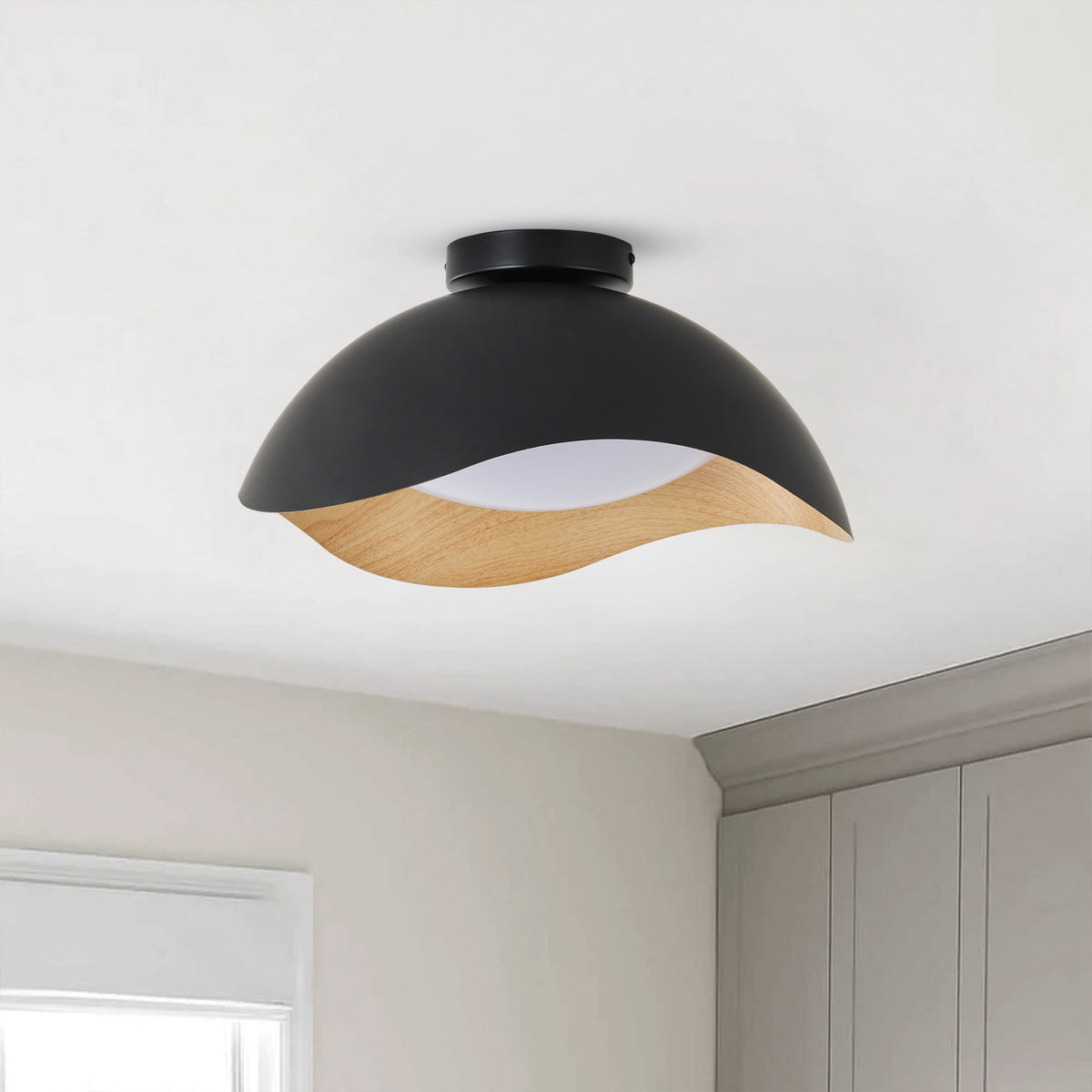 1-Light Modern Irregular LED Ceiling Light Matte Black Wood Grain