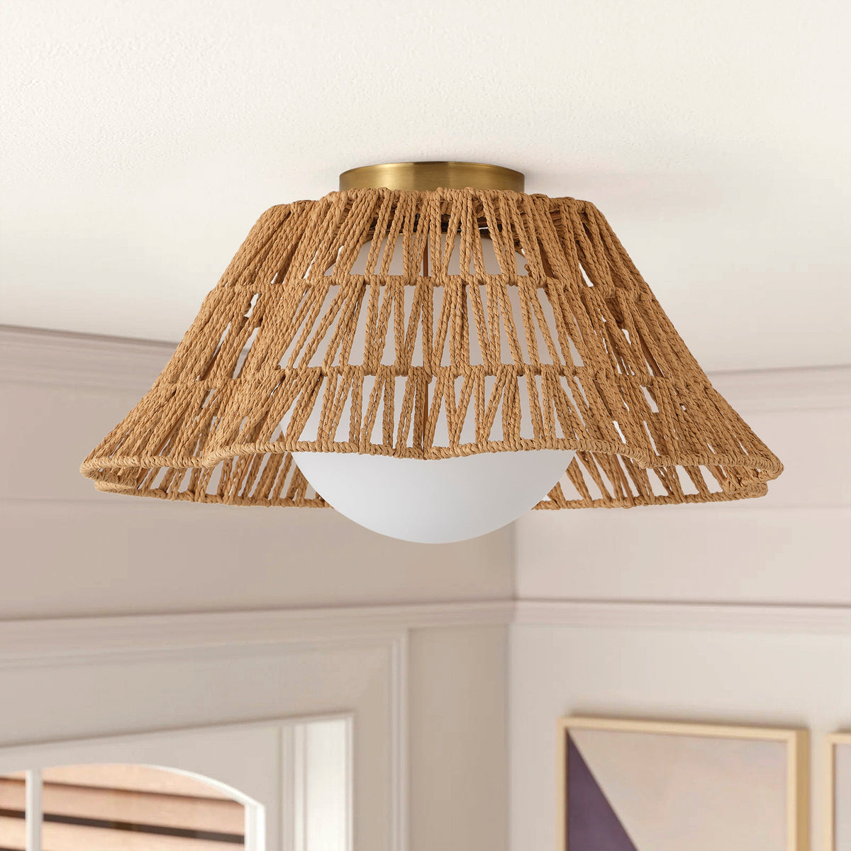 1-Light Dewdrop Boho Semi Flush Mount Ceiling Light Woven Rope Shade Globe