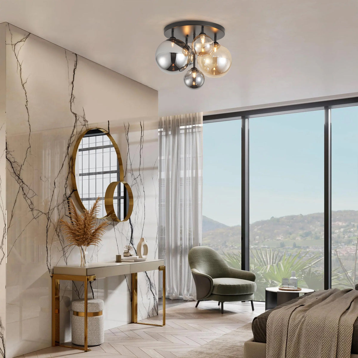 5-Lights Spherical Glass Shades of Various Sizes Flush Mount Lighting