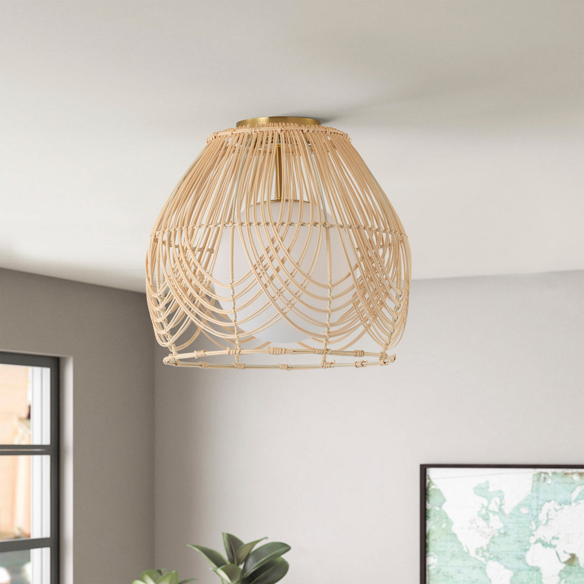 1-Light Boho Rattan Ceiling Light Woven Rattan Semi Flush Mount