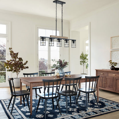 5‑Light Industrial Farmhouse Black Faux Wood  Pendant Light