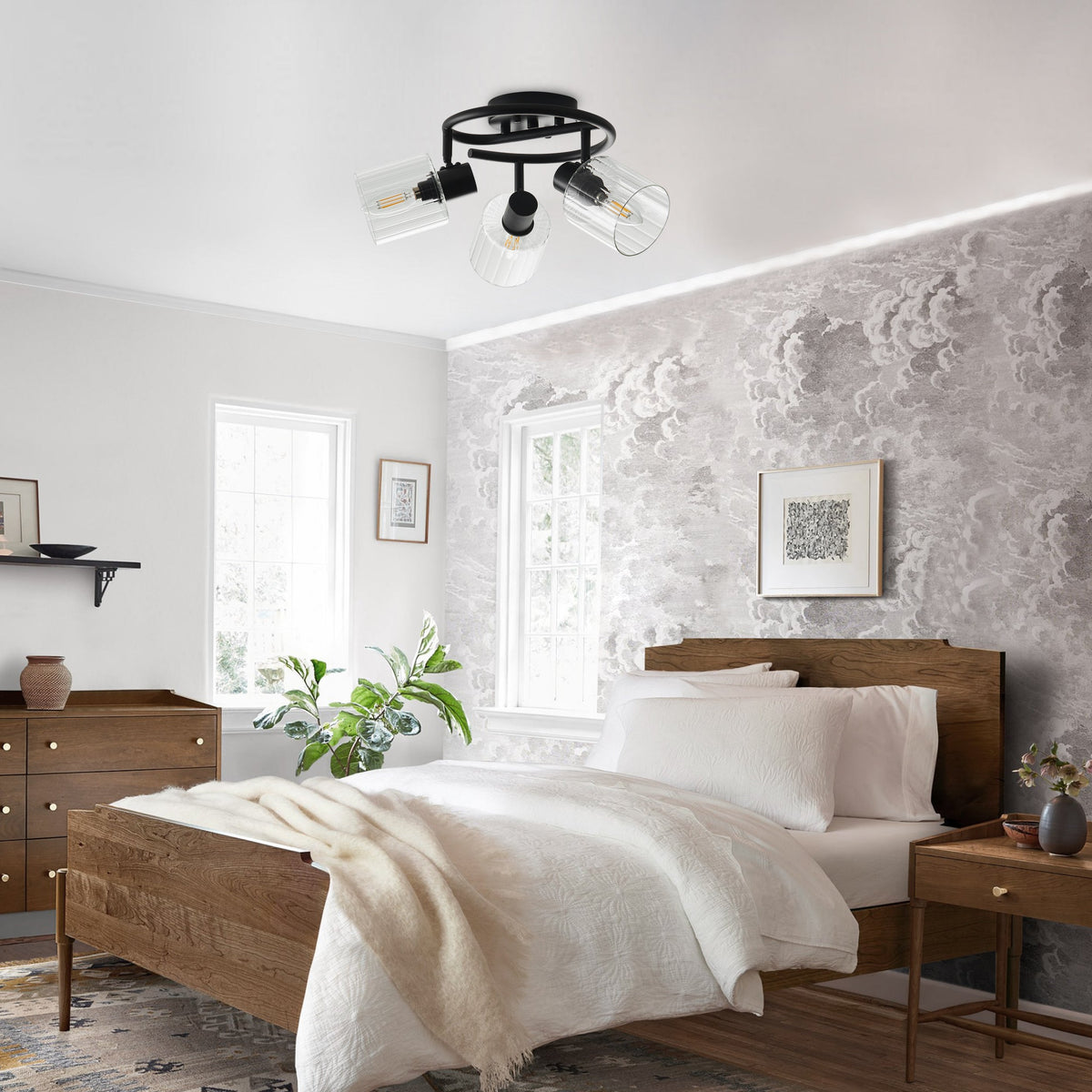 3-Light Modern Adjustable Matte Black Semi-Flushed Ceiling Light