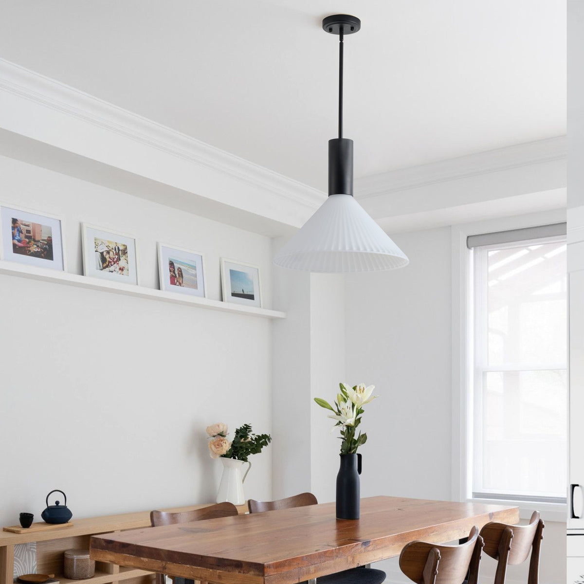 1-Light  Mid Century Modern Pendant Light Trumpet Conical White Glass ETL E26