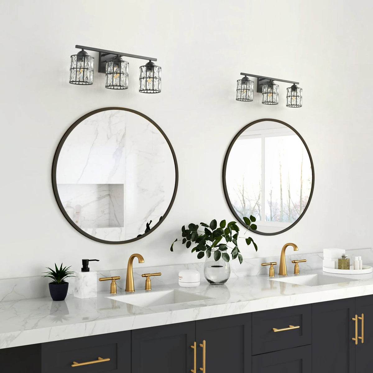 3-Light Industrial Black Crystal Vanity Light Fixture