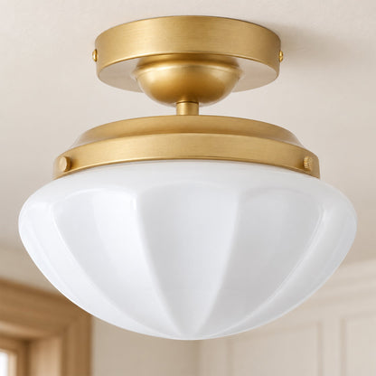 1-Light Gold Semi Flush Mount Ceiling Light With White Opal Glass Shade