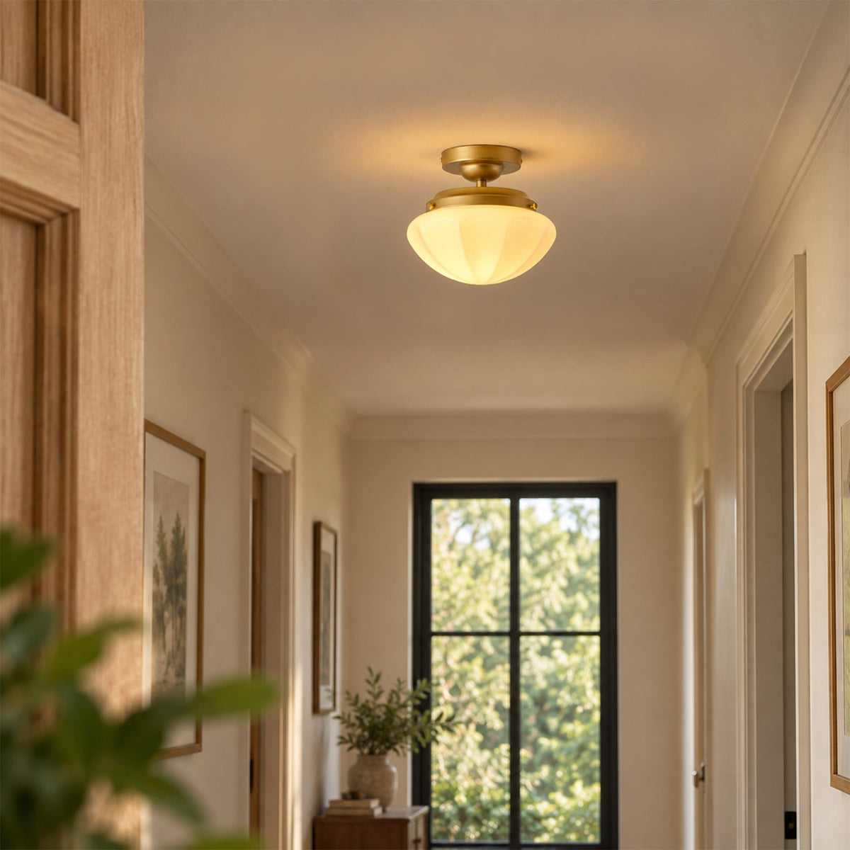 1-Light Gold Semi Flush Mount Ceiling Light With White Opal Glass Shade