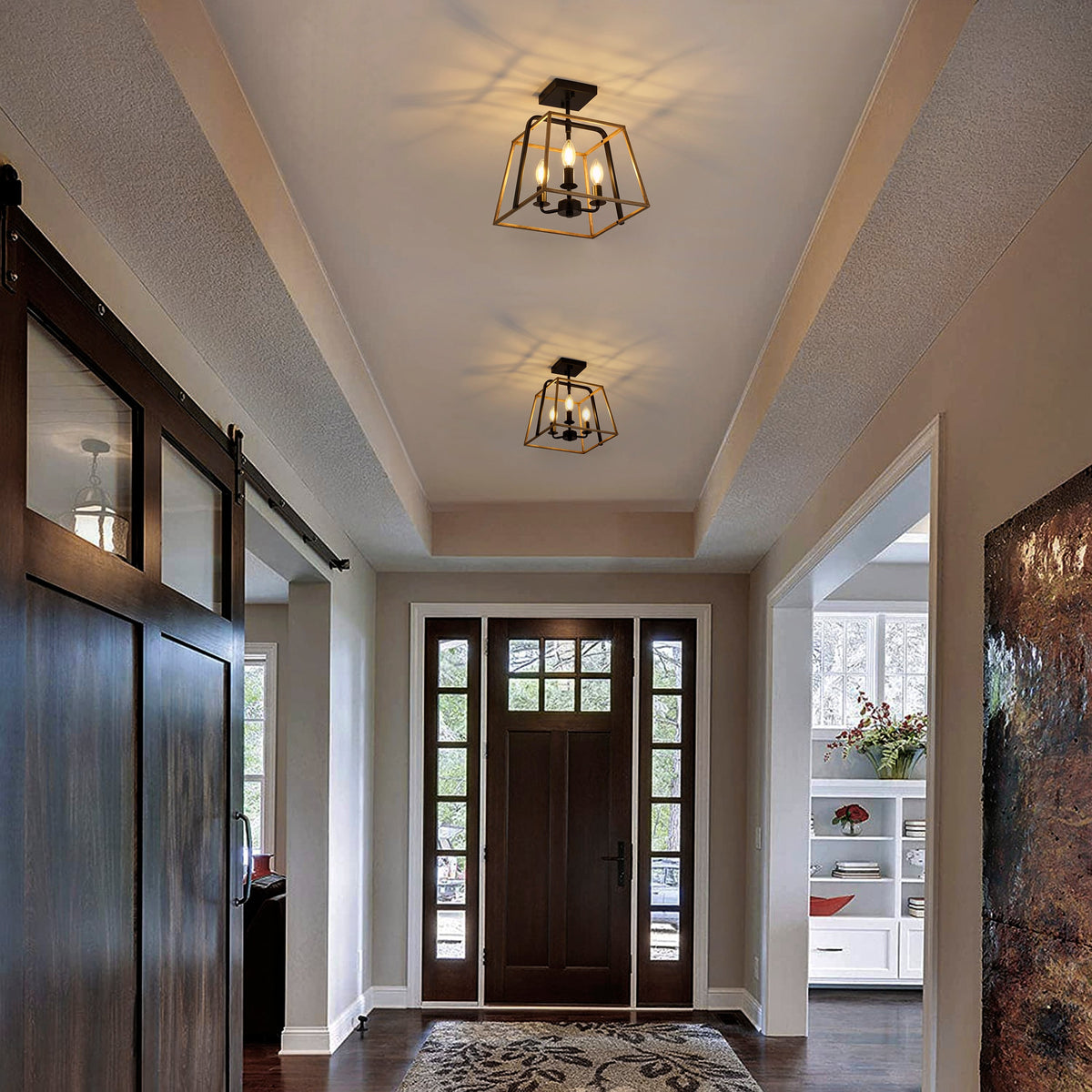 3-Light Industrial Semi Flush Mount Square Lantern Ceiling Light Brass