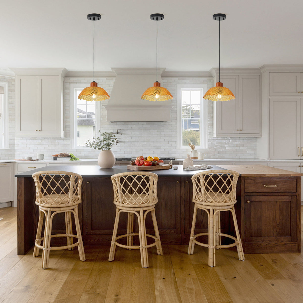 1-Light Vintage Pendant Light Amber Glass Shade Matte Black Farmhouse Kitchen Island