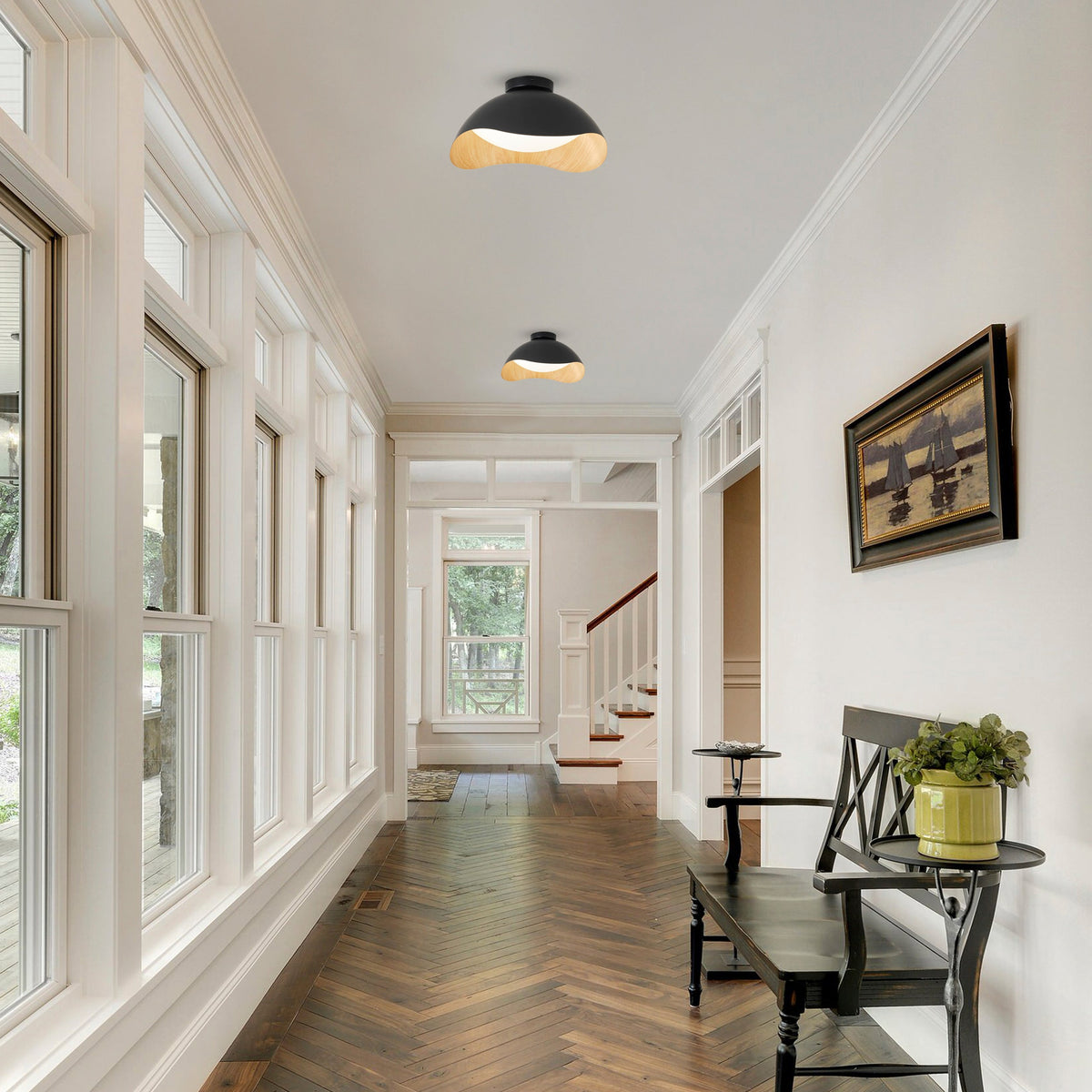 1-Light Modern Irregular LED Ceiling Light Matte Black Wood Grain