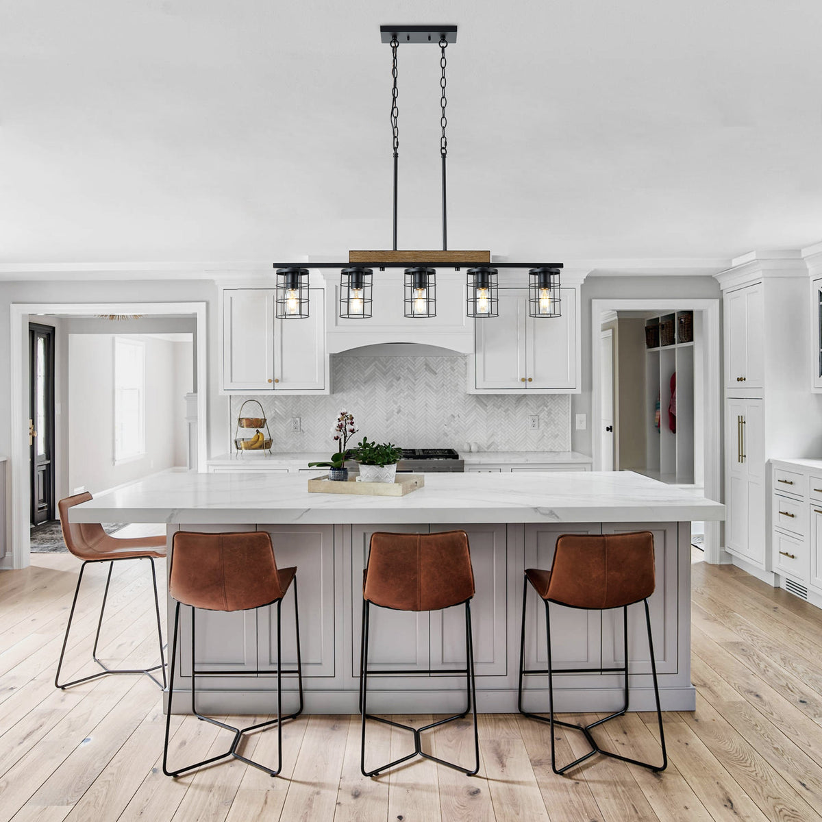 5‑Light Industrial Farmhouse Black Faux Wood  Pendant Light
