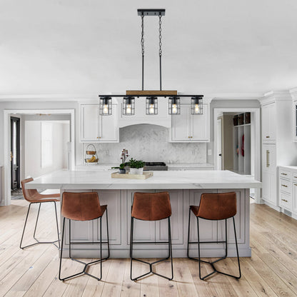 5‑Light Industrial Farmhouse Black Faux Wood  Pendant Light