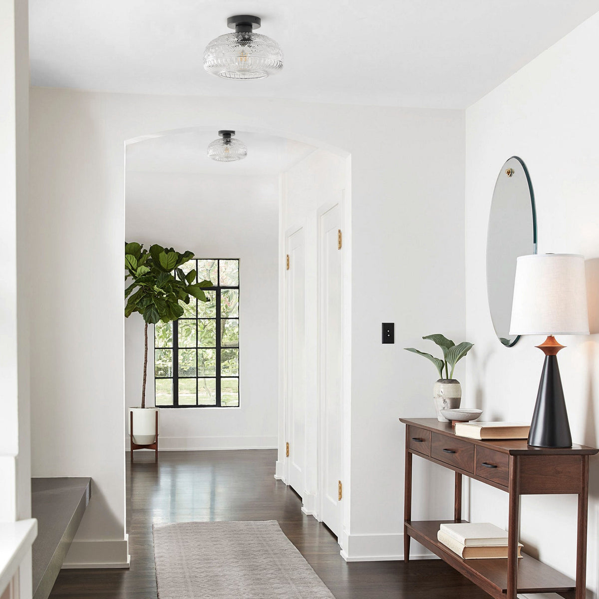 1-Light Industrial Flush Mount, Clear Patterned Glass Dome, Hallway Bedroom Ceiling Light